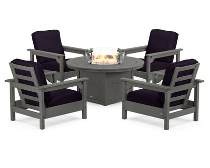 POLYWOOD® Club 5-Piece Conversation Set with Fire Pit Table in Slate Grey / Navy Linen