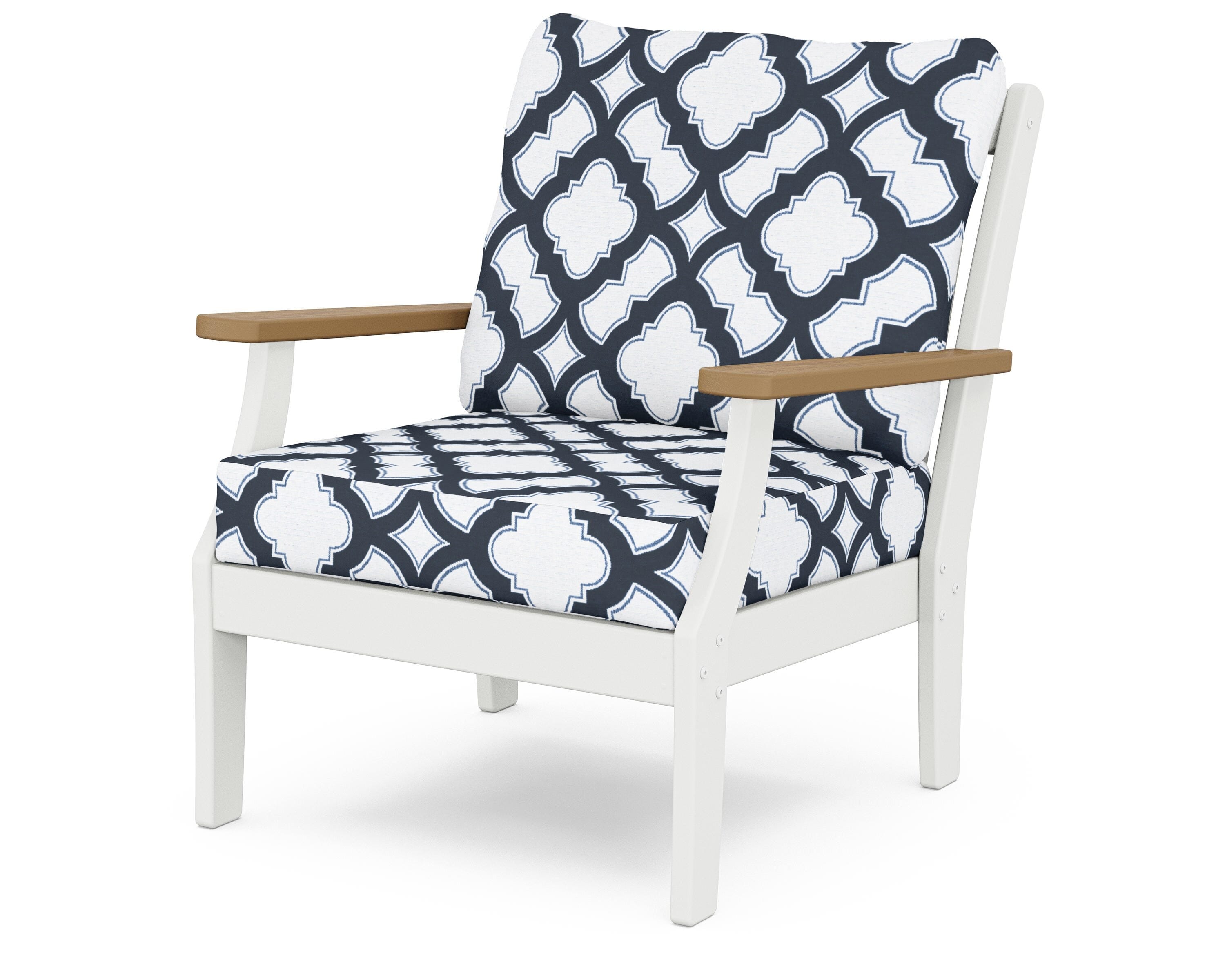 POLYWOOD® Braxton Deep Seating Chair in White / Natural / Trellis Marine Indigo