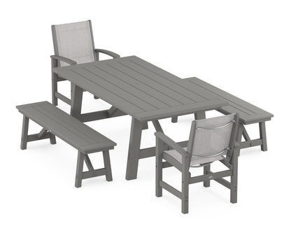 POLYWOOD® Coastal 5-Piece Rustic Farmhouse Dining Set With Benches in Slate Grey / Parchment Sling