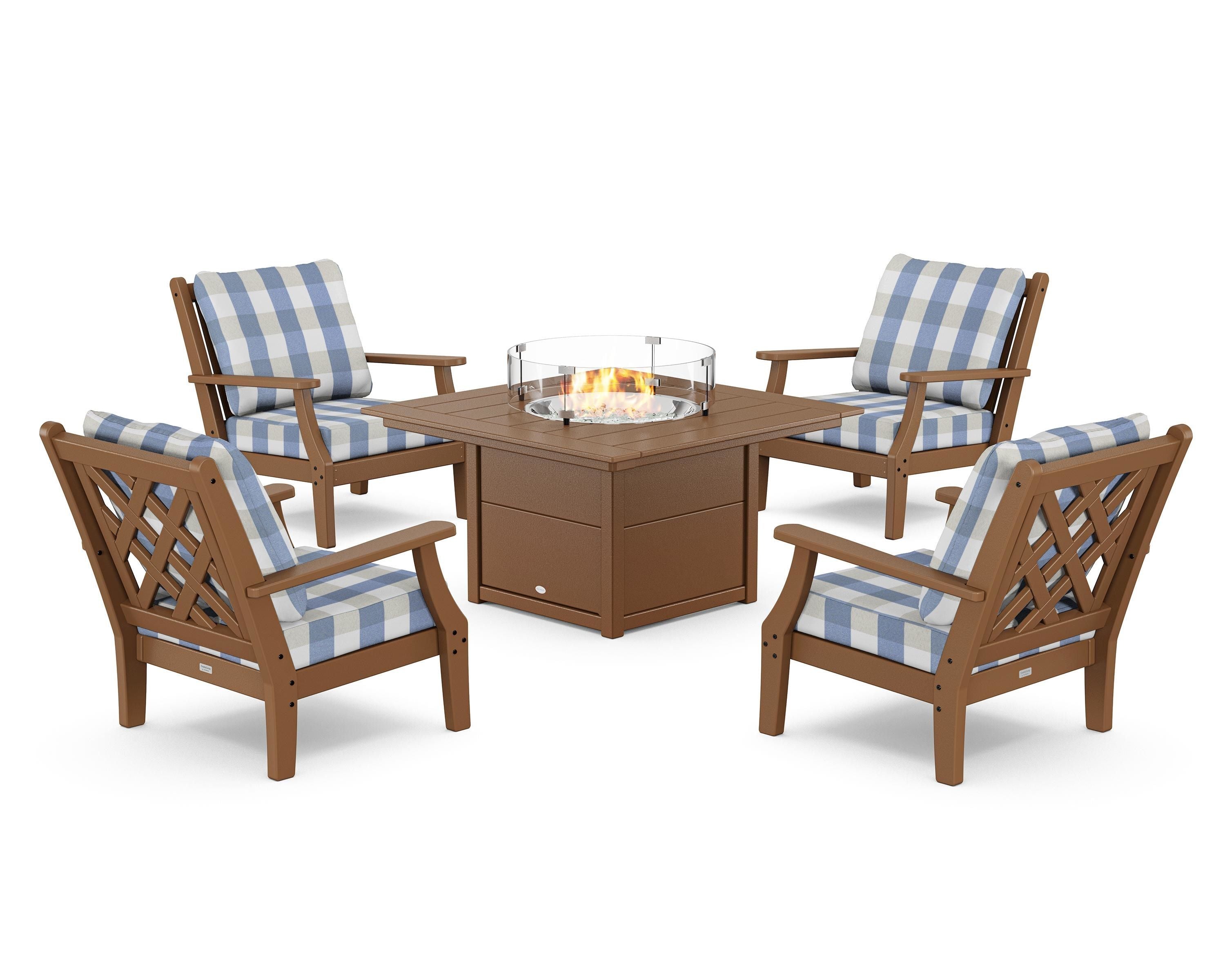 Country Living Wovendale 5-Piece Deep Seating Set with Fire Pit Table in Teak / Buffalo Plaid Sky Blue