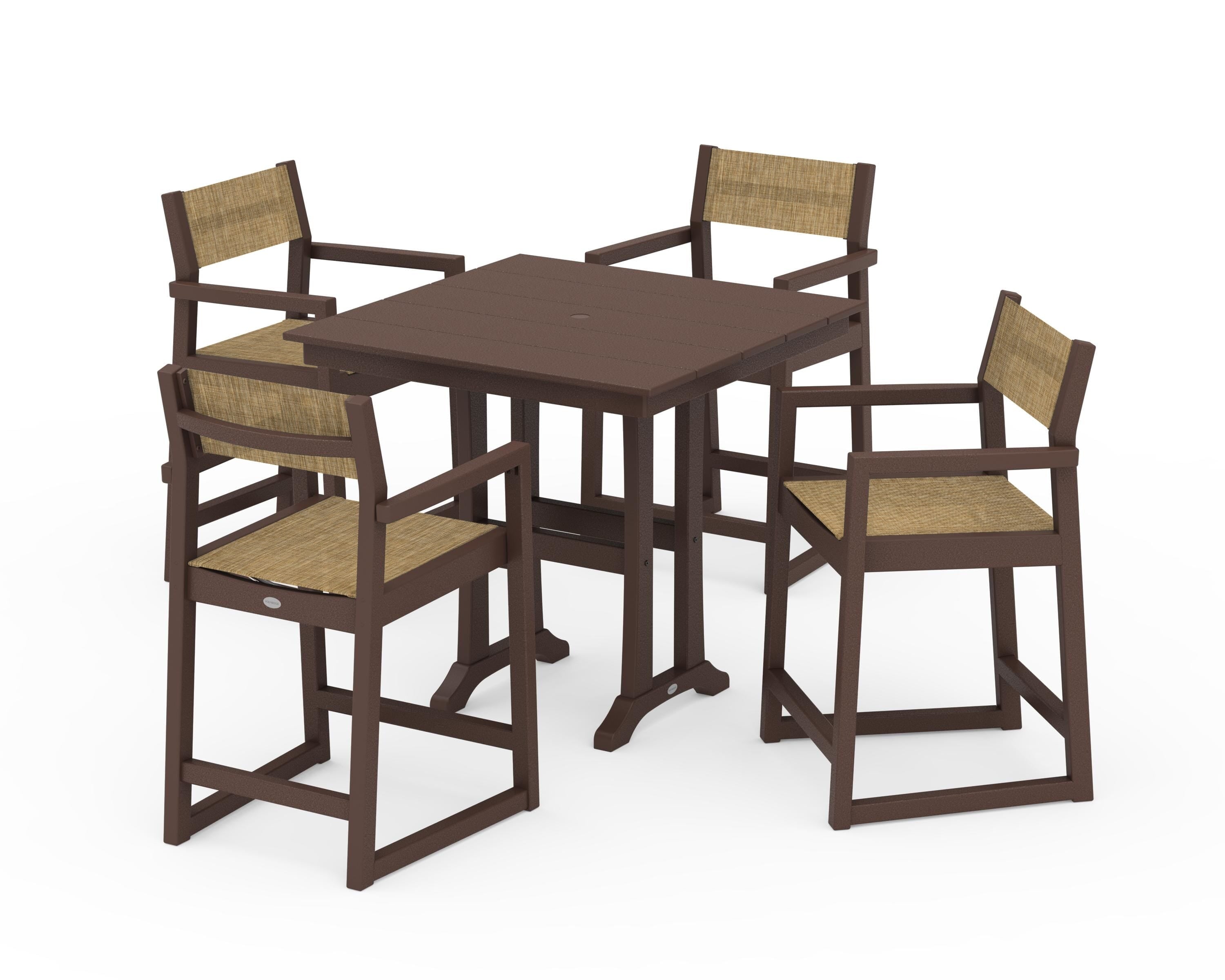 POLYWOOD® EDGE Sling Arm Chair 5-Piece Farmhouse Counter Set with Trestle Legs in Mahogany / Burlap Sling