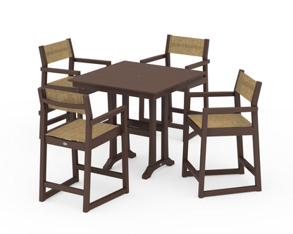 POLYWOOD® EDGE Sling Arm Chair 5-Piece Farmhouse Counter Set with Trestle Legs in Mahogany / Burlap Sling