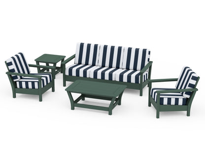 POLYWOOD® Harbour 5-Piece Deep Seating Set in Green / Cabana Stripe Marine Indigo