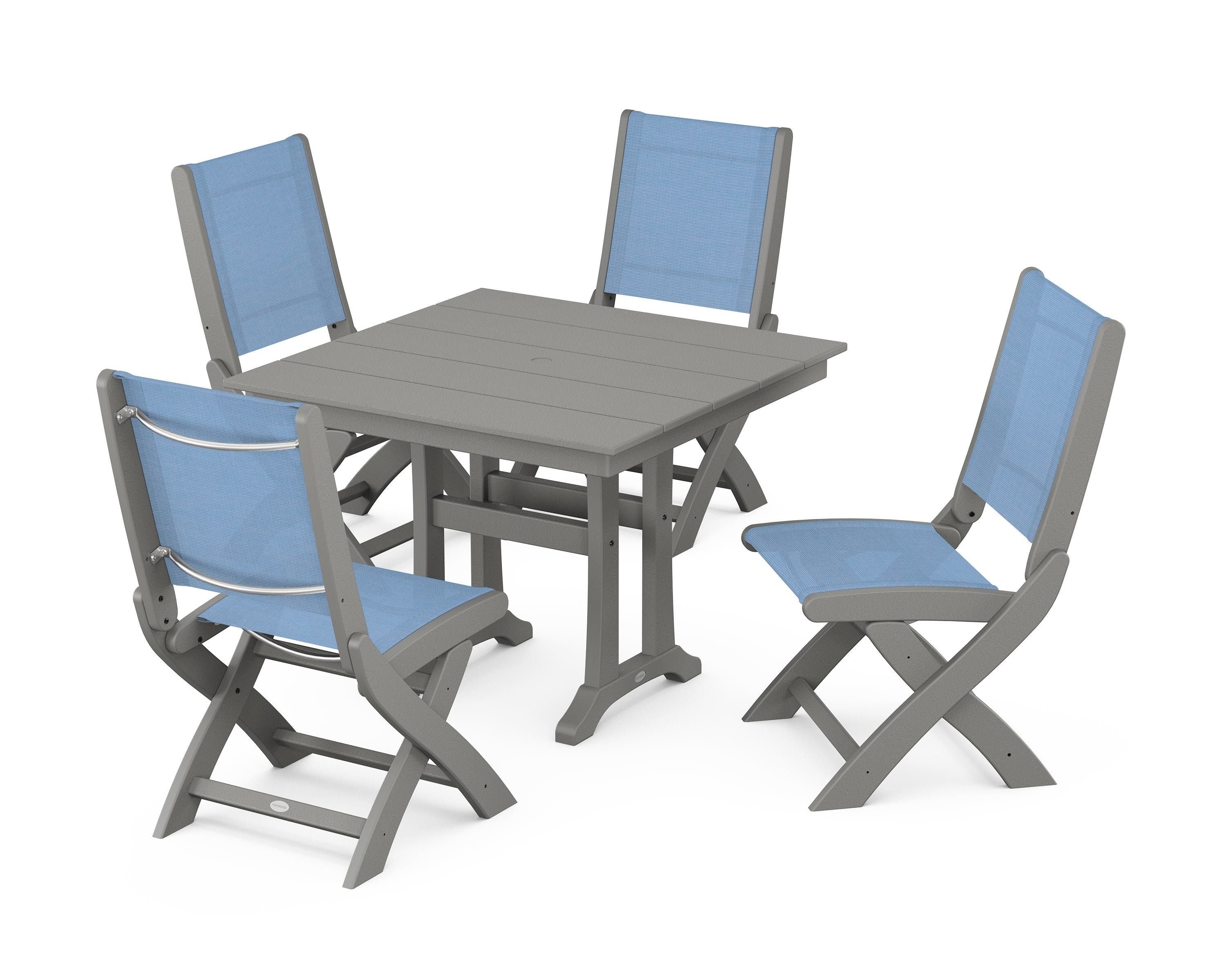 POLYWOOD® Coastal Folding Side Chair 5-Piece Farmhouse Dining Set With Trestle Legs in Slate Grey / Poolside Sling
