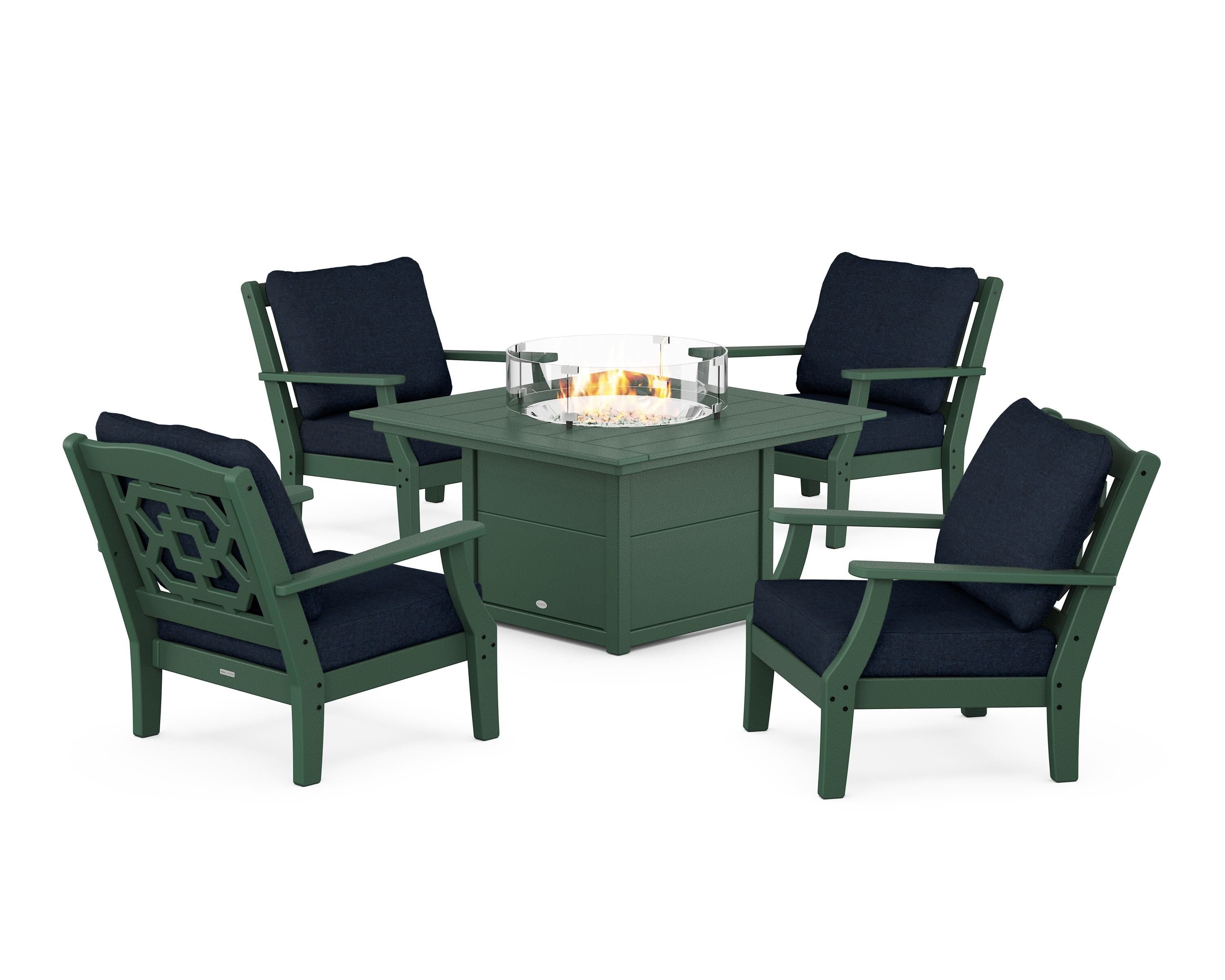 Martha Stewart by POLYWOOD® Chinoiserie 5-Piece Deep Seating Set with Fire Pit Table in Green / Marine Indigo