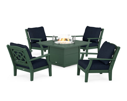 Martha Stewart by POLYWOOD® Chinoiserie 5-Piece Deep Seating Set with Fire Pit Table in Green / Marine Indigo