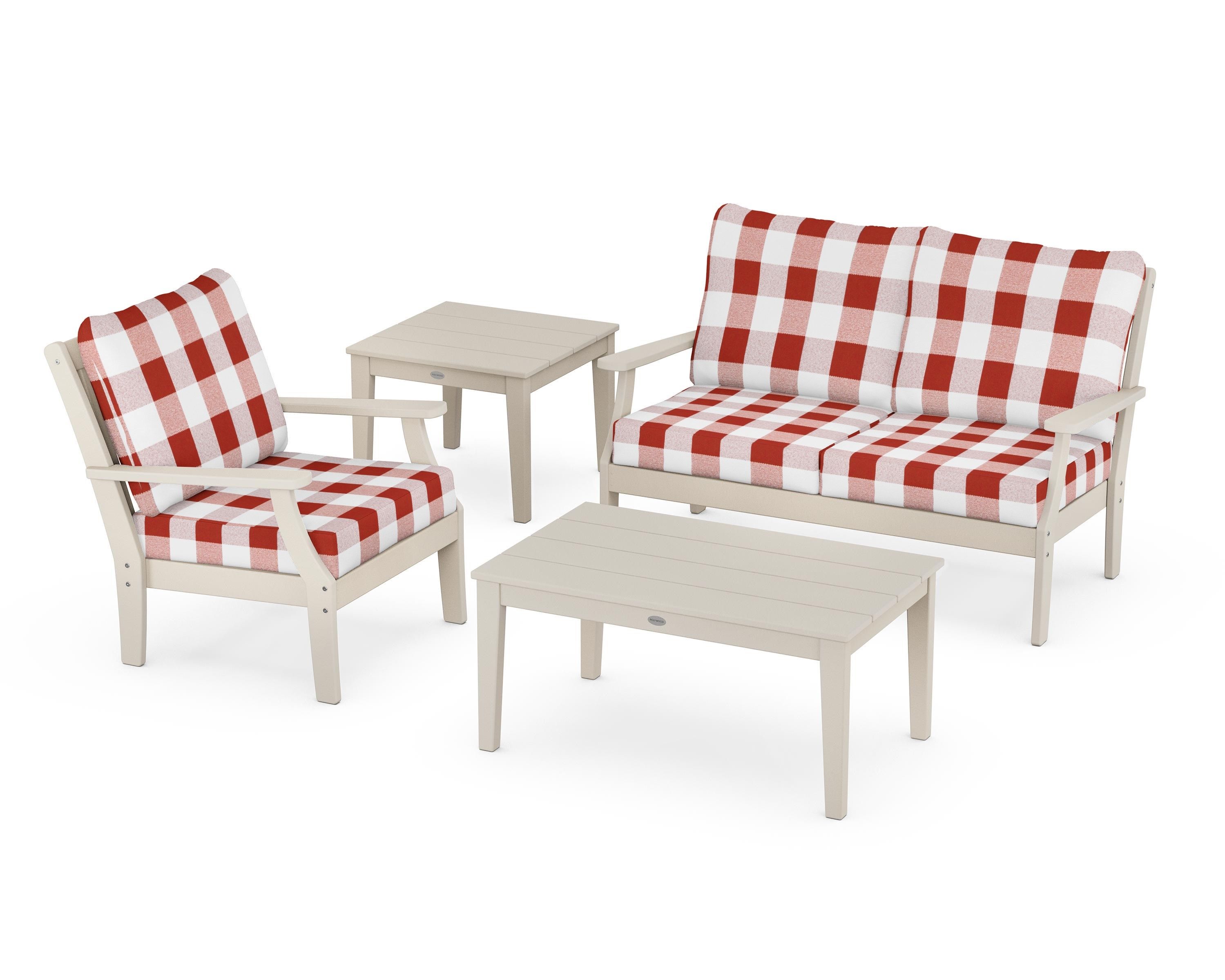 POLYWOOD® Braxton 4-Piece Deep Seating Set in Sand / Buffalo Plaid Crimson