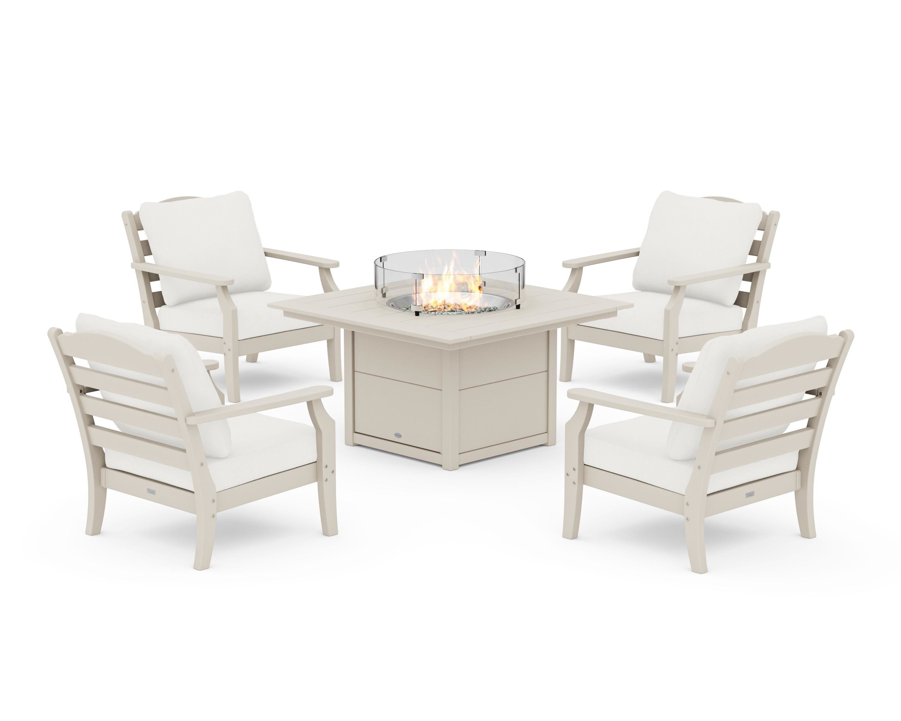 Draper James™ by  POLYWOOD® Savannah 5-Piece Deep Seating Set with Fire Pit Table in Sand / Natural Linen