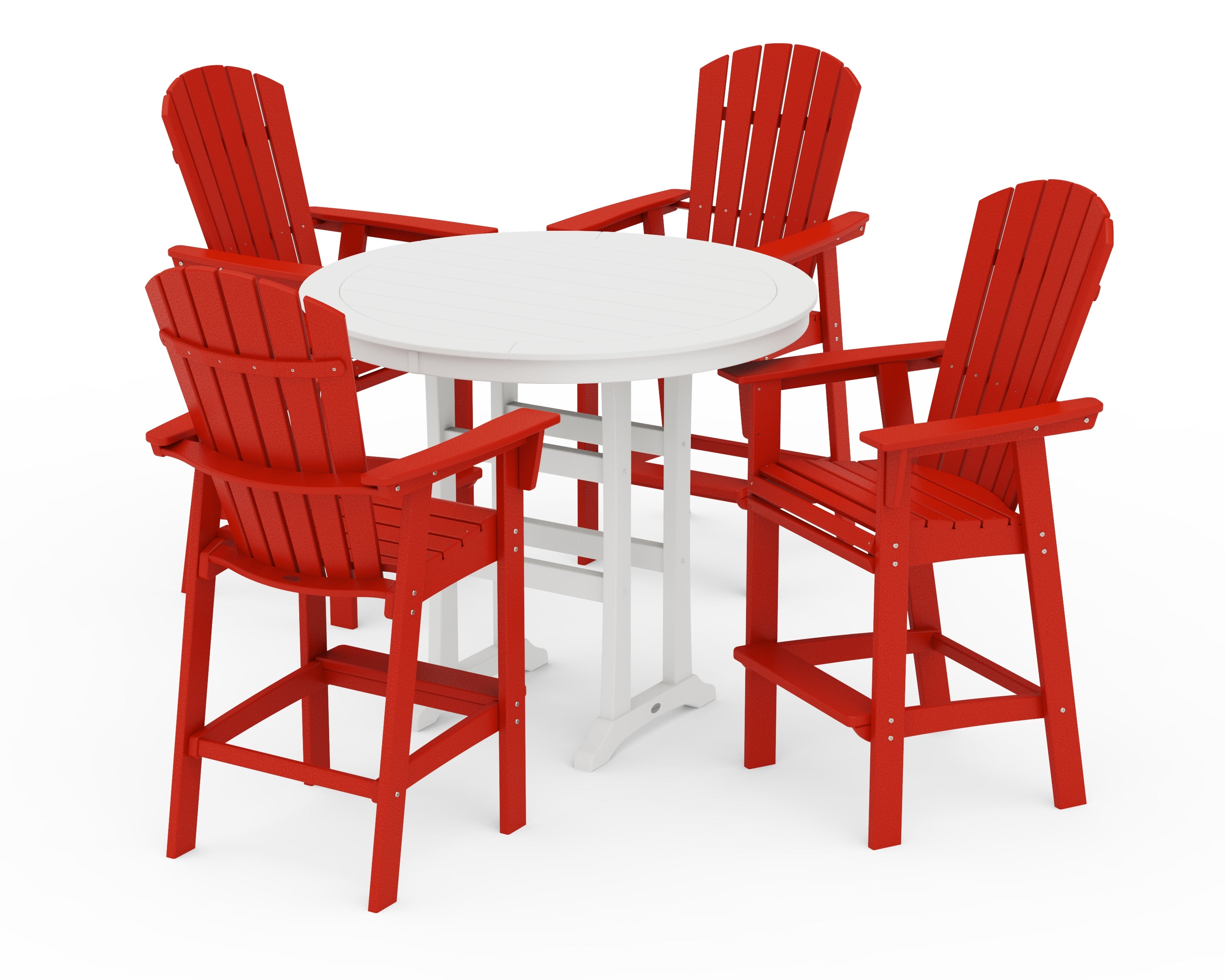 POLYWOOD® Nautical Curveback Adirondack 5-Piece Round Trestle Bar Set in Sunset Red / White