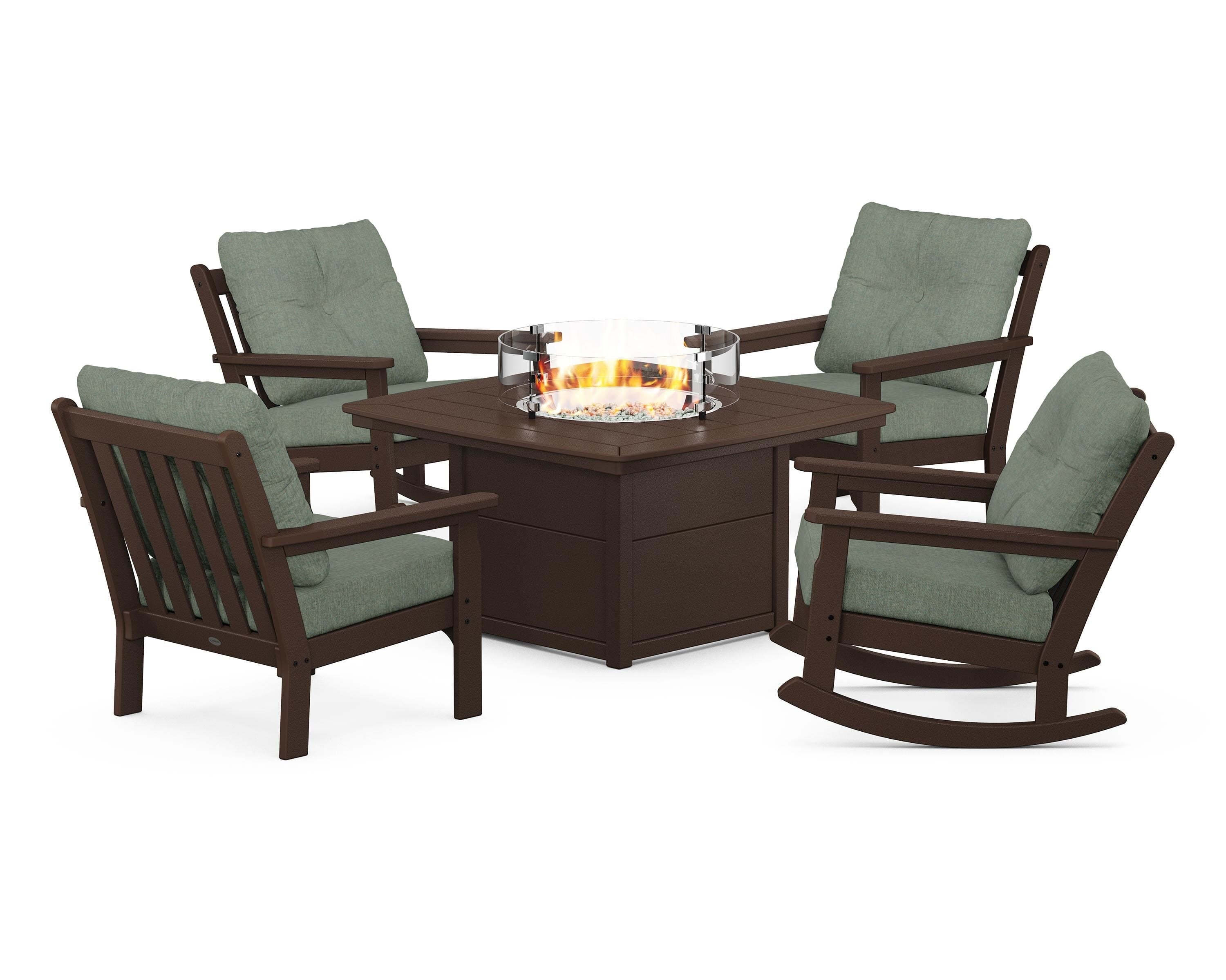 POLYWOOD® Vineyard 5-Piece Deep Seating Rocking Chair Conversation Set with Fire Pit Table in Mahogany / Cast Sage