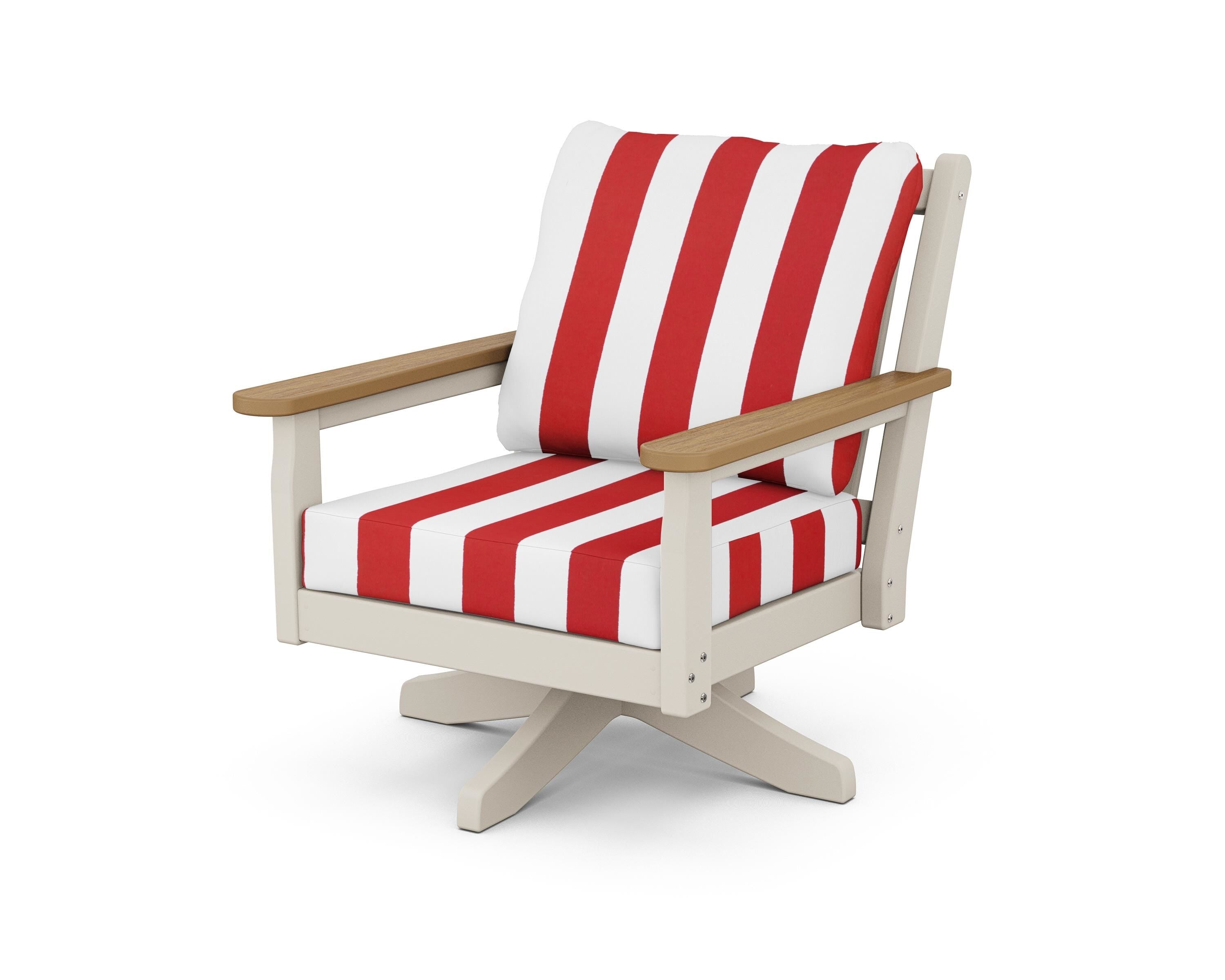 POLYWOOD® Chippendale Deep Seating Swivel Chair in Sand / Natural / Cabana Stripe Crimson