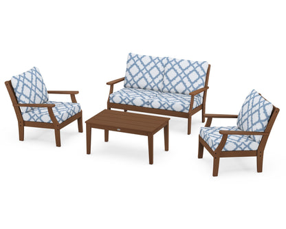 POLYWOOD® Braxton 4-Piece Deep Seating Chair Set in Teak / Trellis Sky Blue