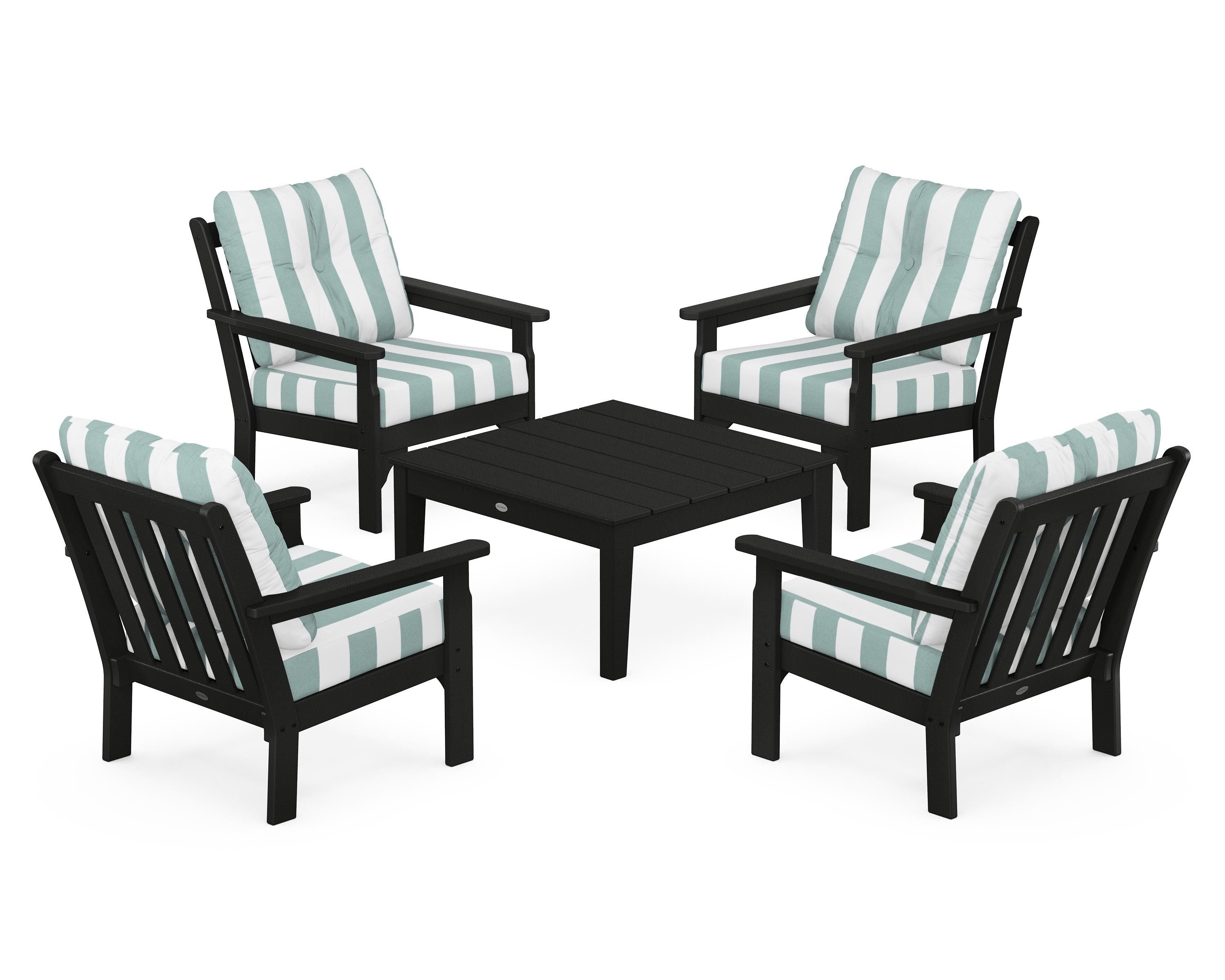 POLYWOOD® Vineyard 5-Piece Deep Seating Conversation Set in Black / Cabana Stripe Glacier Spa