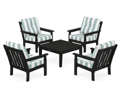 POLYWOOD® Vineyard 5-Piece Deep Seating Conversation Set in Black / Cabana Stripe Glacier Spa