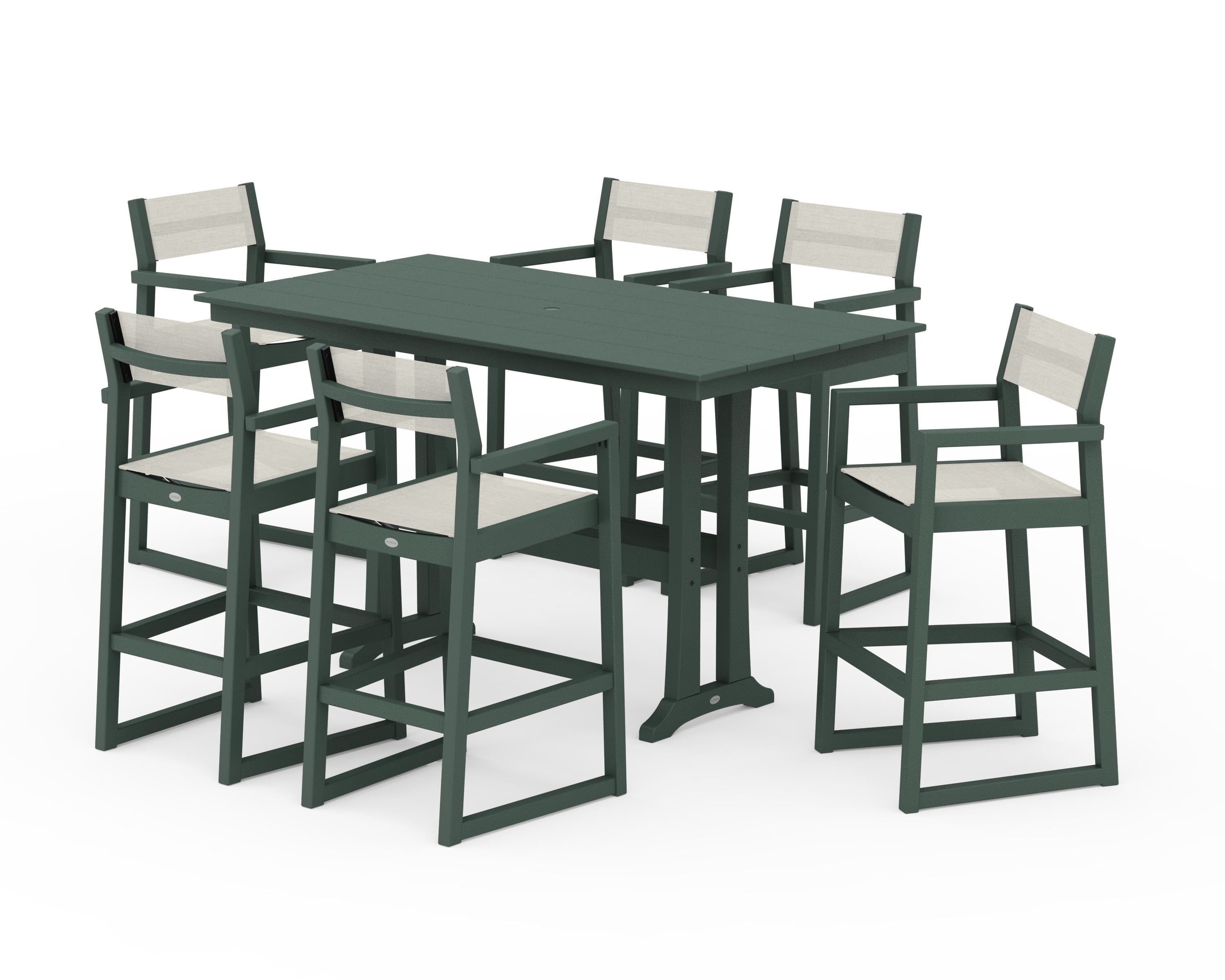 POLYWOOD® EDGE Sling Arm Chair 7-Piece Farmhouse Bar Set with Trestle Legs in Green / Parchment Sling