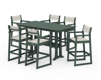 POLYWOOD® EDGE Sling Arm Chair 7-Piece Farmhouse Bar Set with Trestle Legs in Green / Parchment Sling