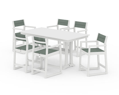 POLYWOOD® EDGE Sling Arm Chair 7-Piece Farmhouse Counter Set with Trestle Legs in White / Dupioni Sea Mist Sling