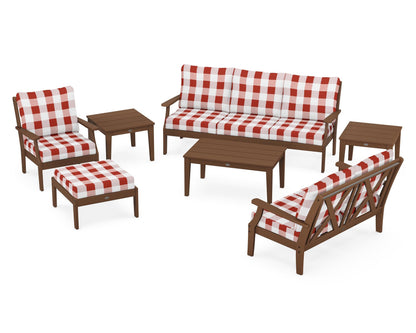 POLYWOOD® Braxton 7-Piece Deep Seating Set in Teak / Buffalo Plaid Crimson