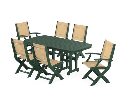 POLYWOOD® Coastal Folding Chair 7-Piece Dining Set in Green / Dupioni Apricot Sling