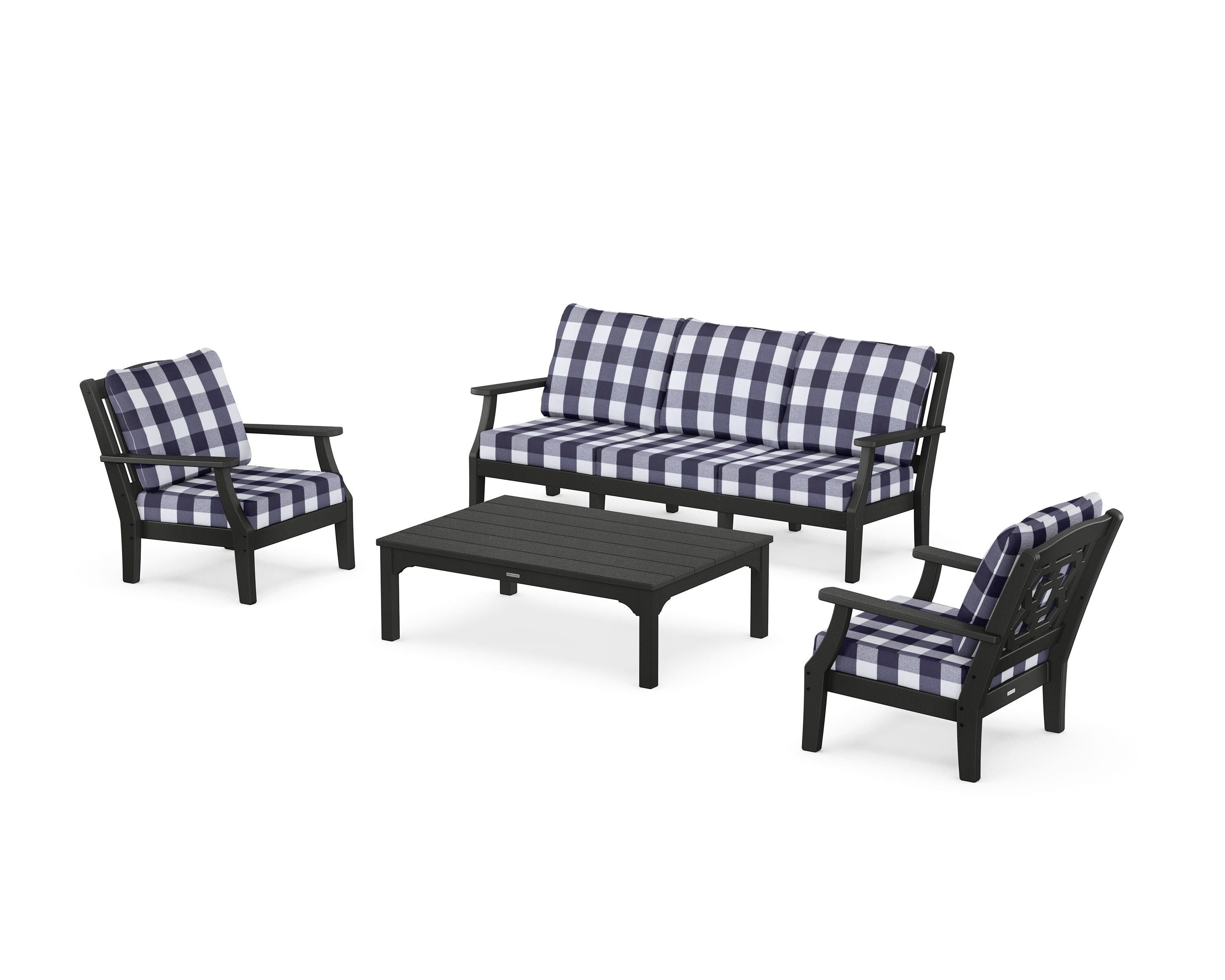 Martha Stewart by POLYWOOD® Chinoiserie 4-Piece Deep Seating Set with Sofa in Black / Buffalo Plaid Navy