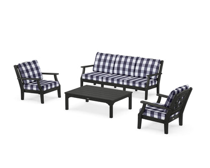 Martha Stewart by POLYWOOD® Chinoiserie 4-Piece Deep Seating Set with Sofa in Black / Buffalo Plaid Navy