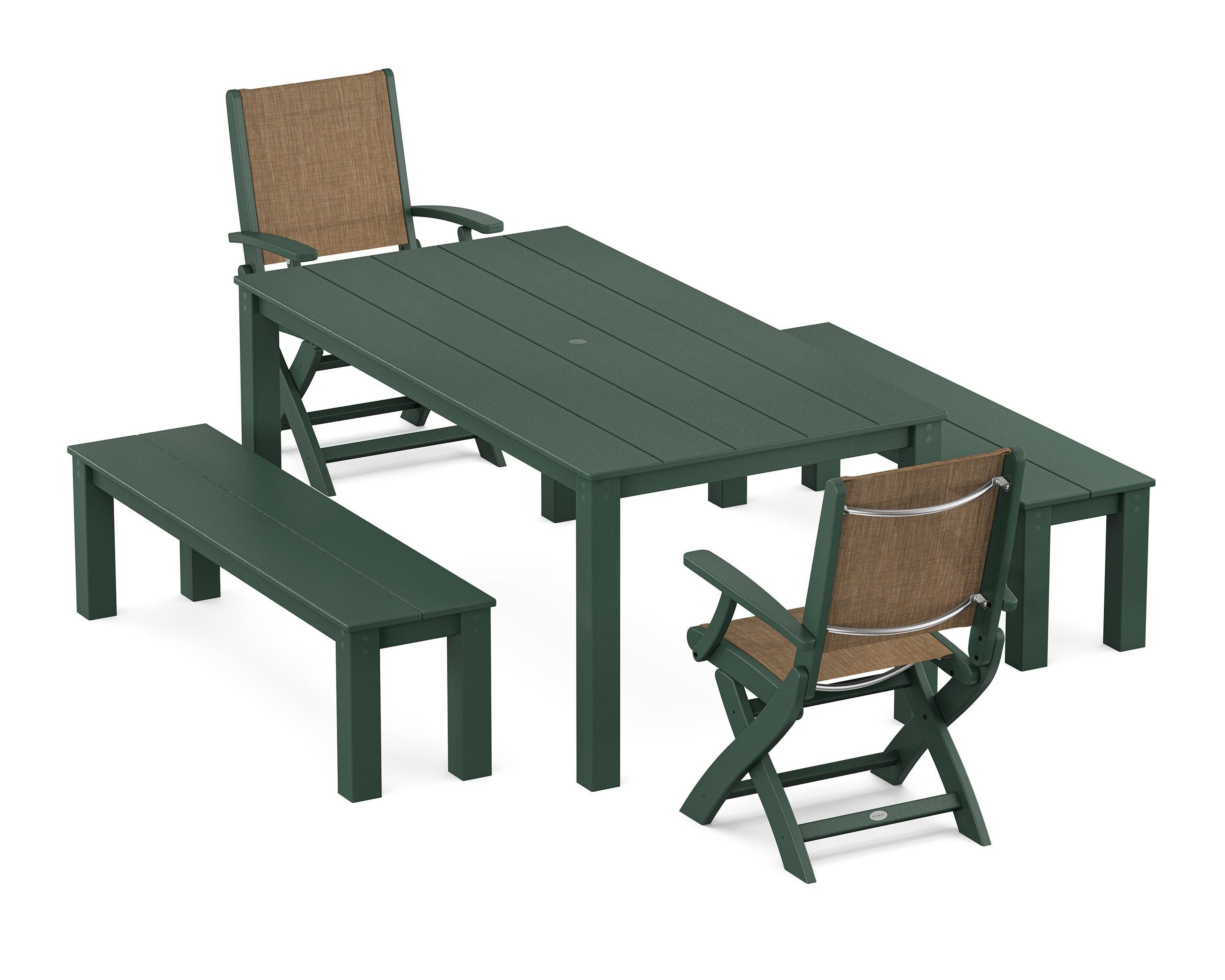 POLYWOOD® Coastal Folding Chair 5-Piece Parsons Dining Set with Benches in Green / Burlap Sling