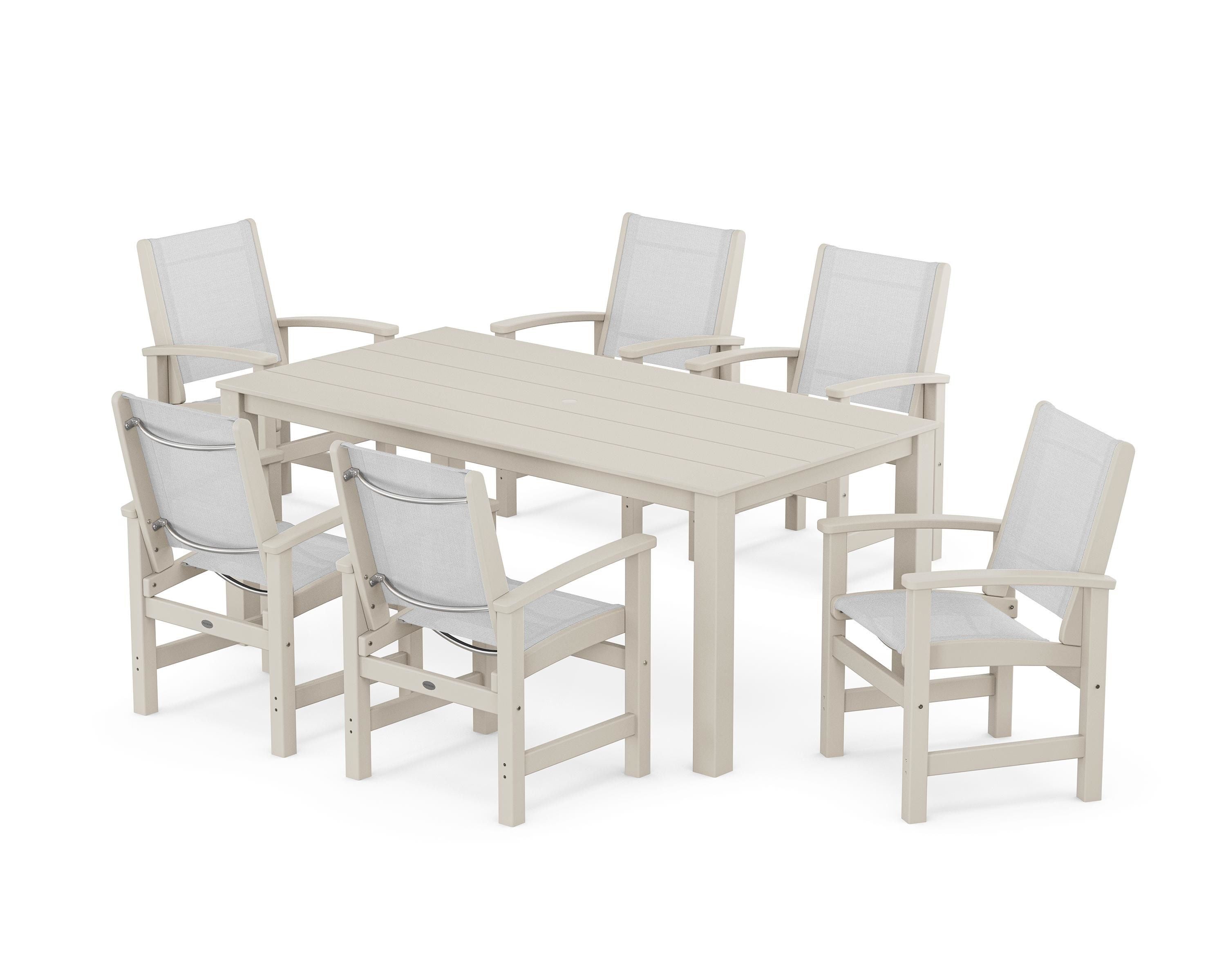 POLYWOOD® Coastal 7-Piece Parsons Dining Set in Sand / White Sling