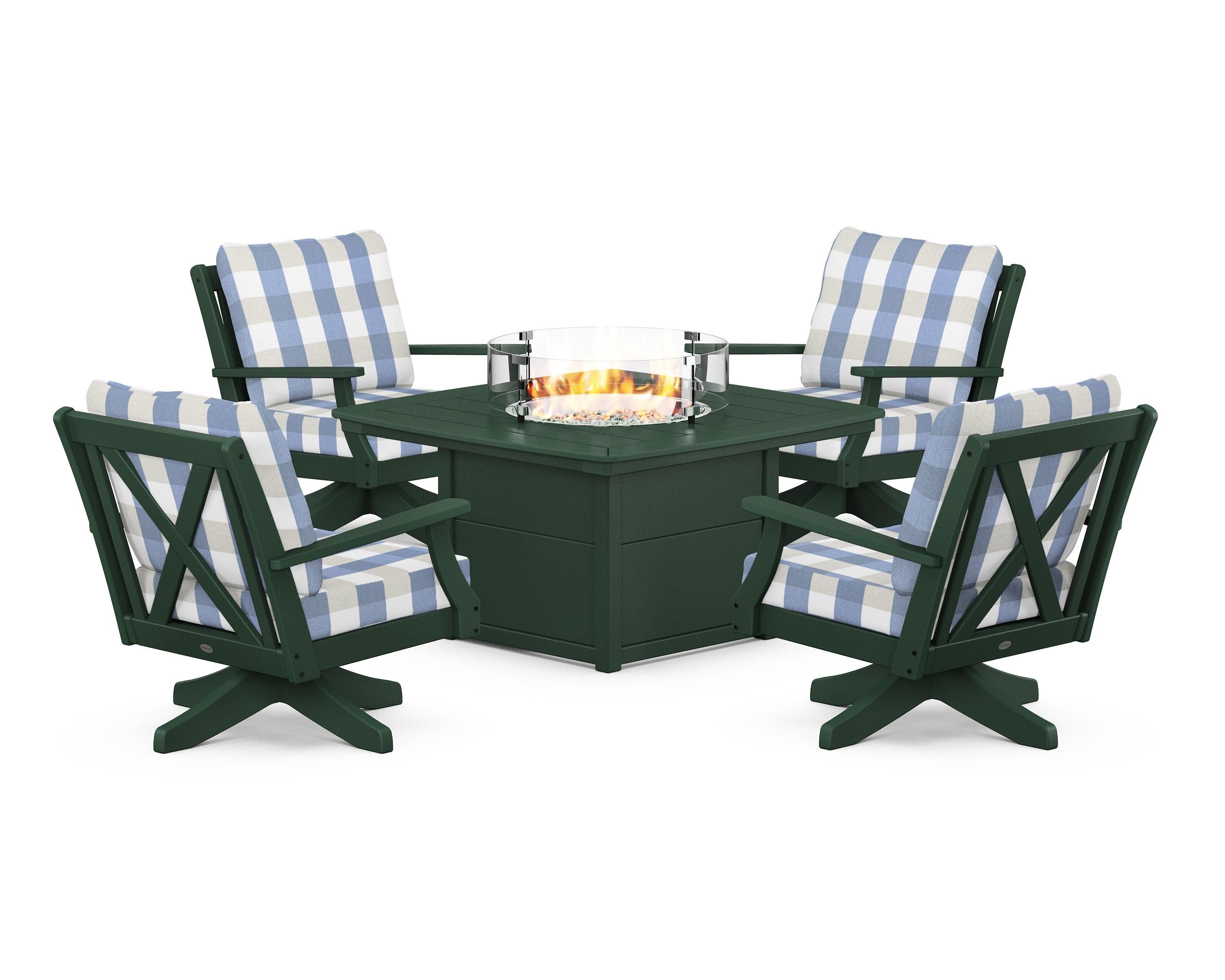 POLYWOOD® Braxton 5-Piece Deep Seating Swivel Conversation Set with Fire Pit Table in Green / Buffalo Plaid Sky Blue