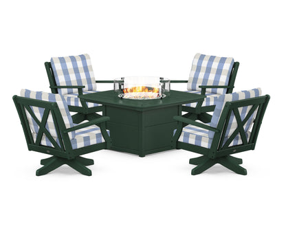 POLYWOOD® Braxton 5-Piece Deep Seating Swivel Conversation Set with Fire Pit Table in Green / Buffalo Plaid Sky Blue