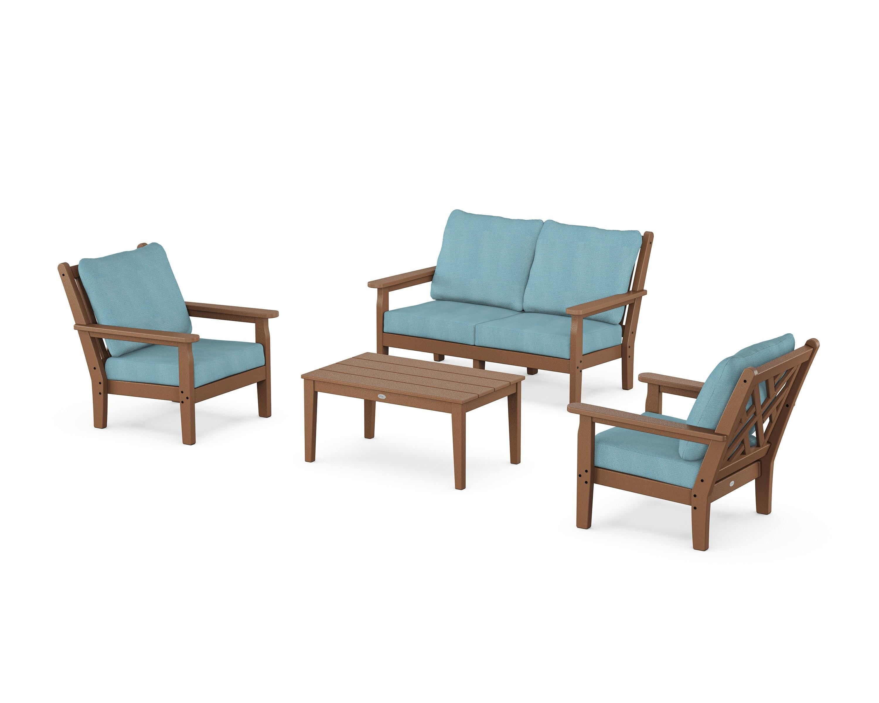 POLYWOOD® Chippendale 4-Piece Deep Seating Set with Loveseat in Teak / Lattice Sky Blue