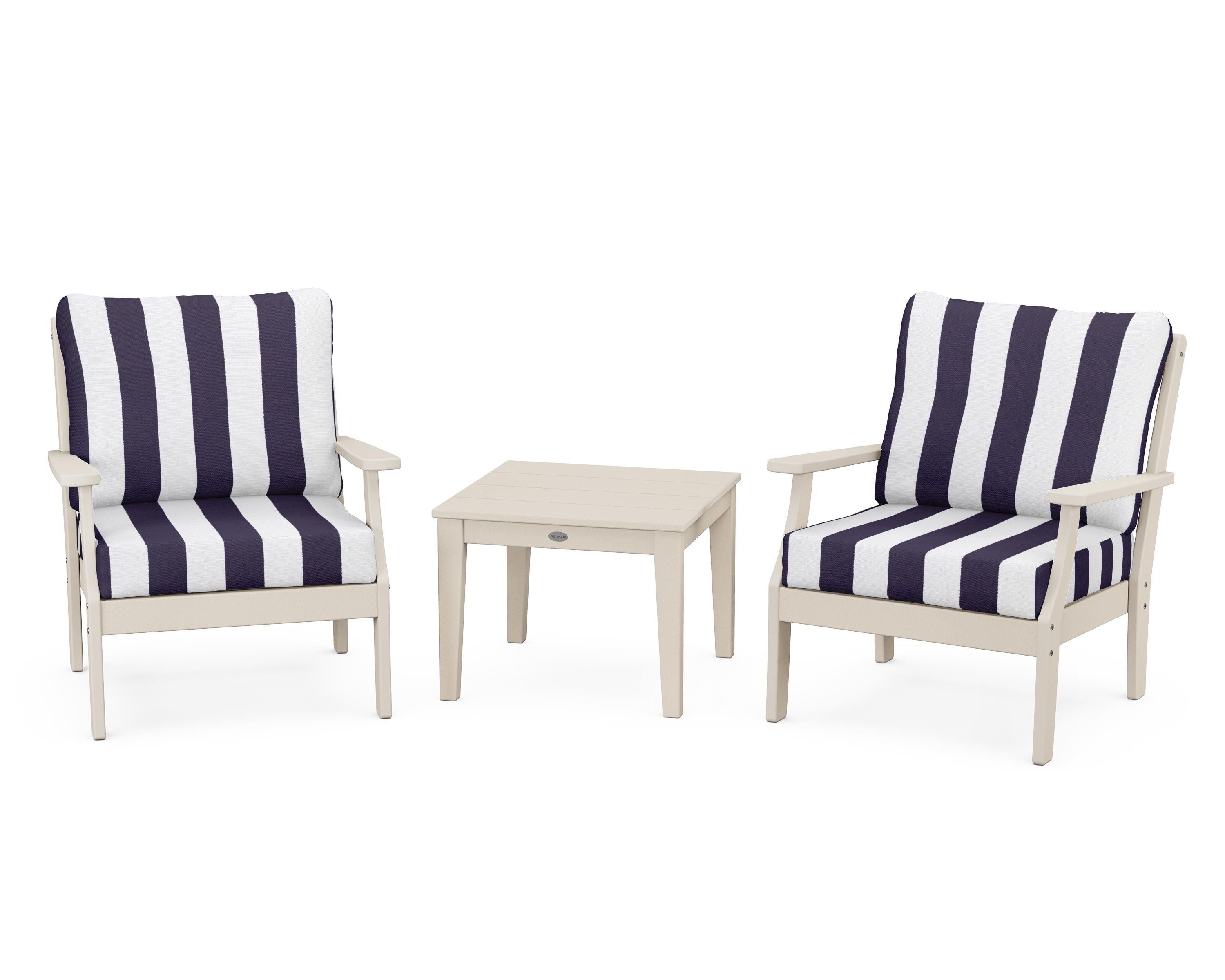 POLYWOOD® Braxton 3-Piece Deep Seating Set in Sand / Cabana Stripe Navy