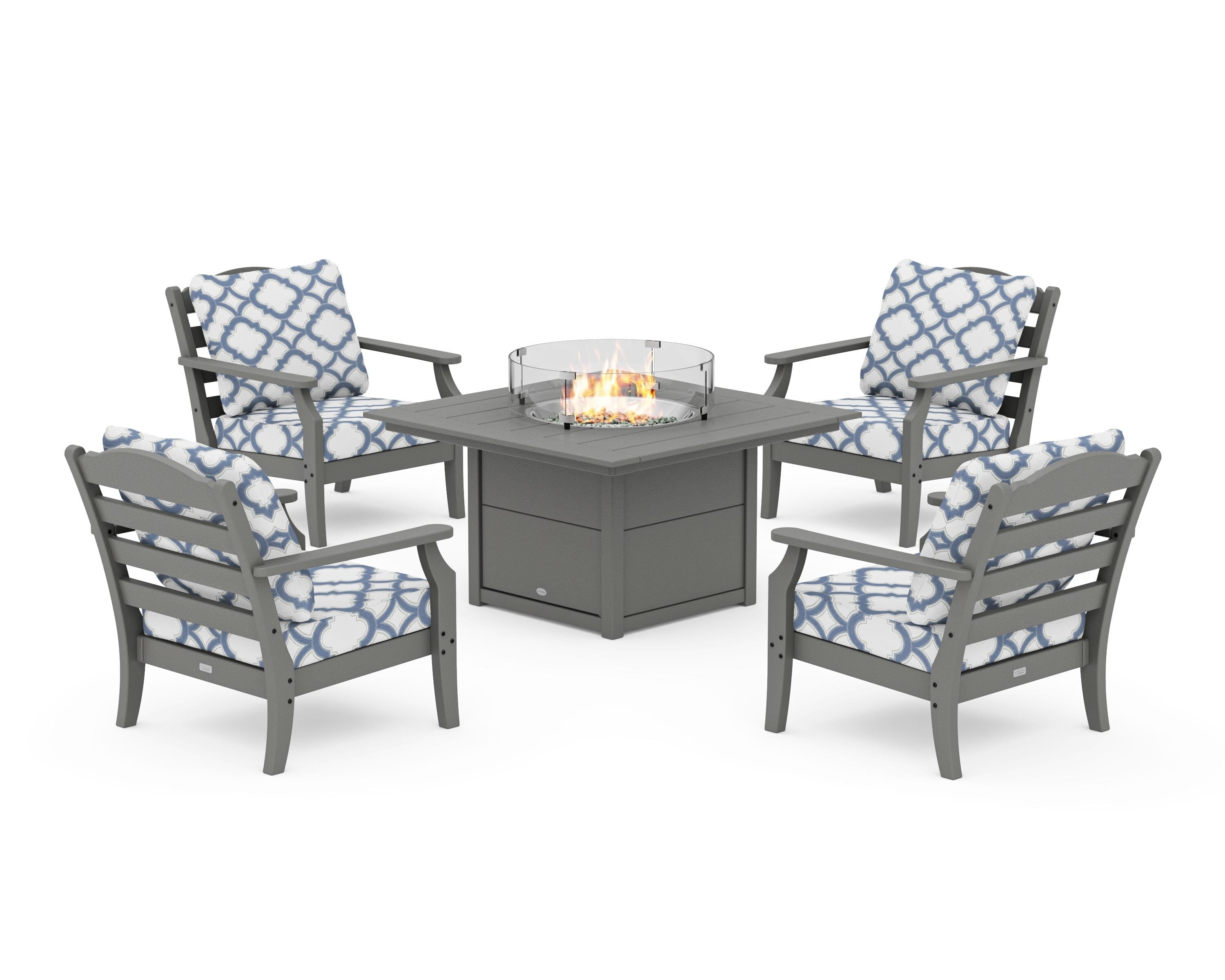 Draper James™ by  POLYWOOD® Savannah 5-Piece Deep Seating Set with Fire Pit Table in Slate Grey / Trellis Sky Blue