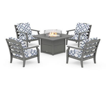 Draper James™ by  POLYWOOD® Savannah 5-Piece Deep Seating Set with Fire Pit Table in Slate Grey / Trellis Sky Blue