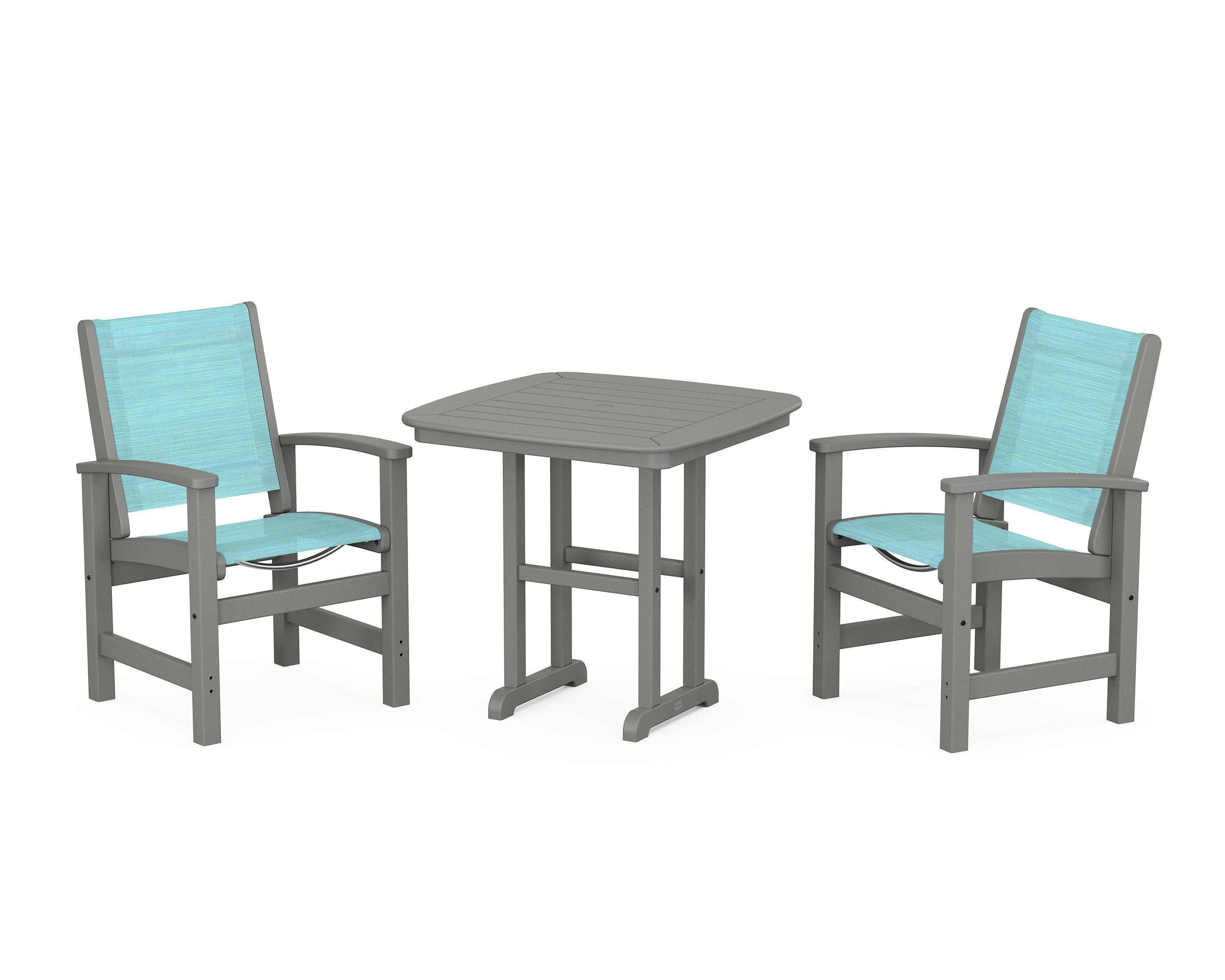 POLYWOOD® Coastal 3-Piece Dining Set in Slate Grey / Dupioni Aquamarine Sling