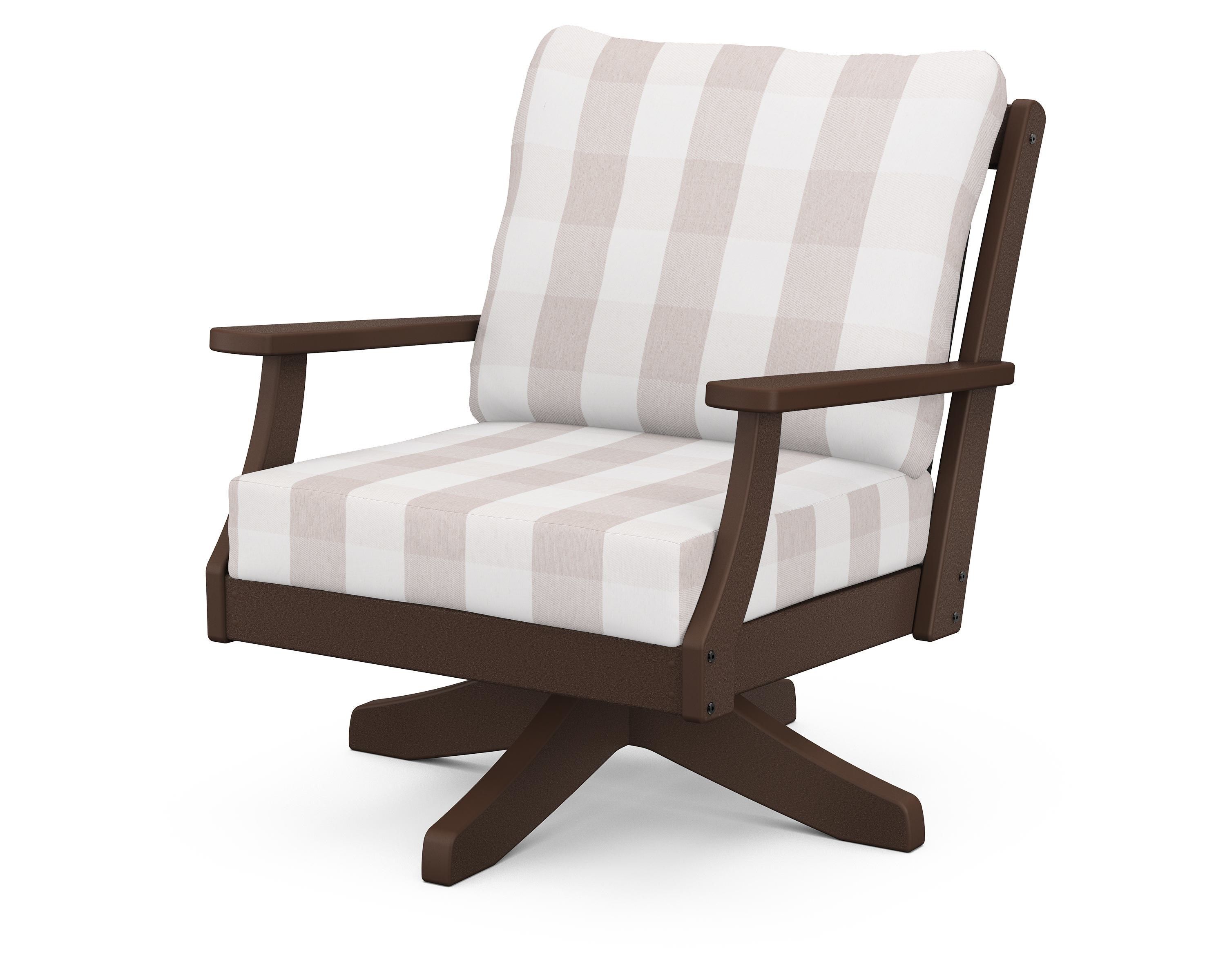 POLYWOOD® Braxton Deep Seating Swivel Chair in Mahogany / Buffalo Plaid Dune Burlap
