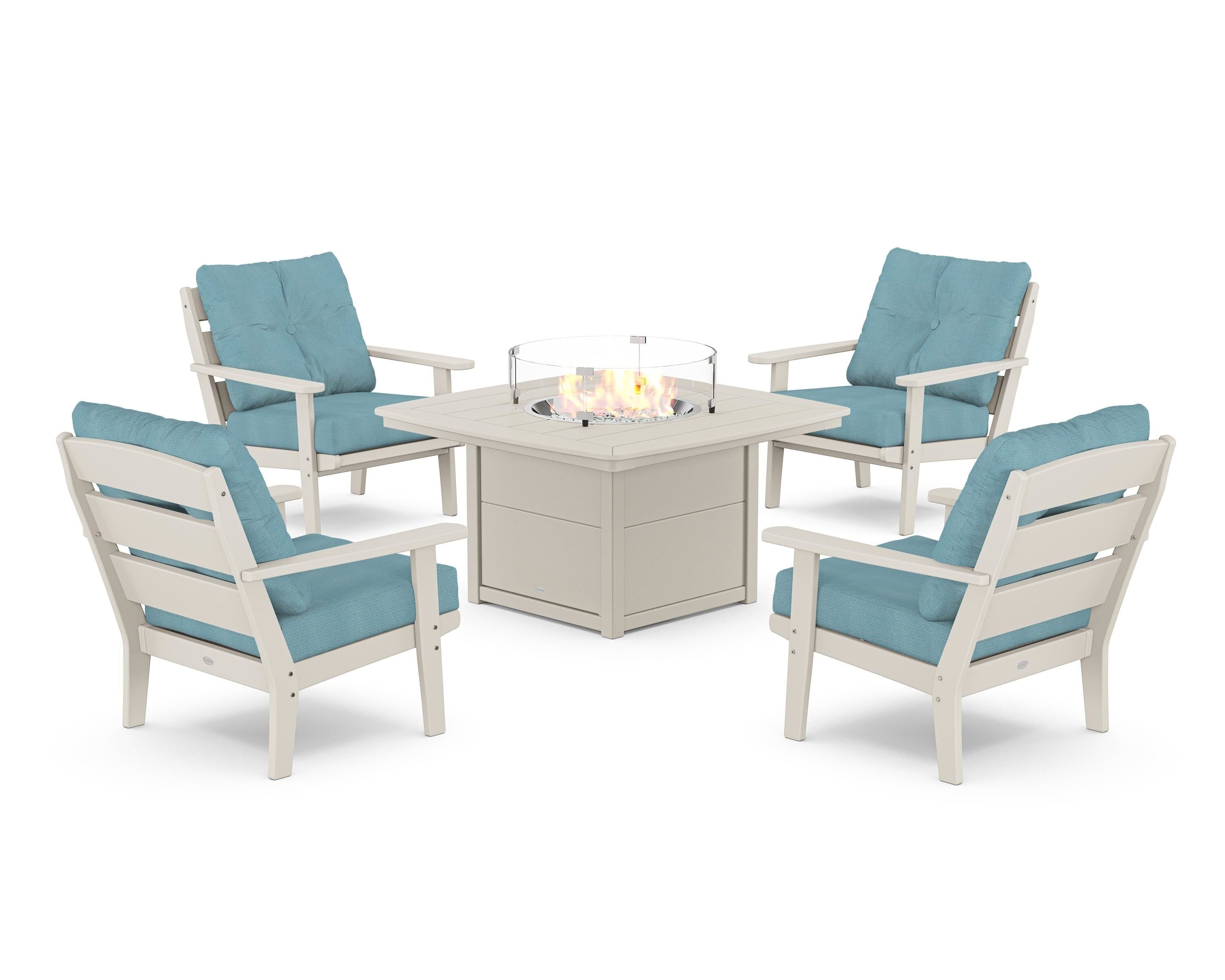 POLYWOOD® Lakeside 5-Piece Deep Seating Set with Nautical Fire Pit Table in Sand / Lattice Sky Blue
