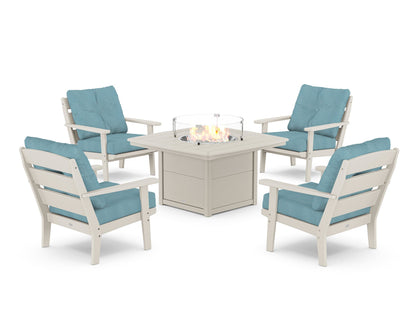 POLYWOOD® Lakeside 5-Piece Deep Seating Set with Nautical Fire Pit Table in Sand / Lattice Sky Blue