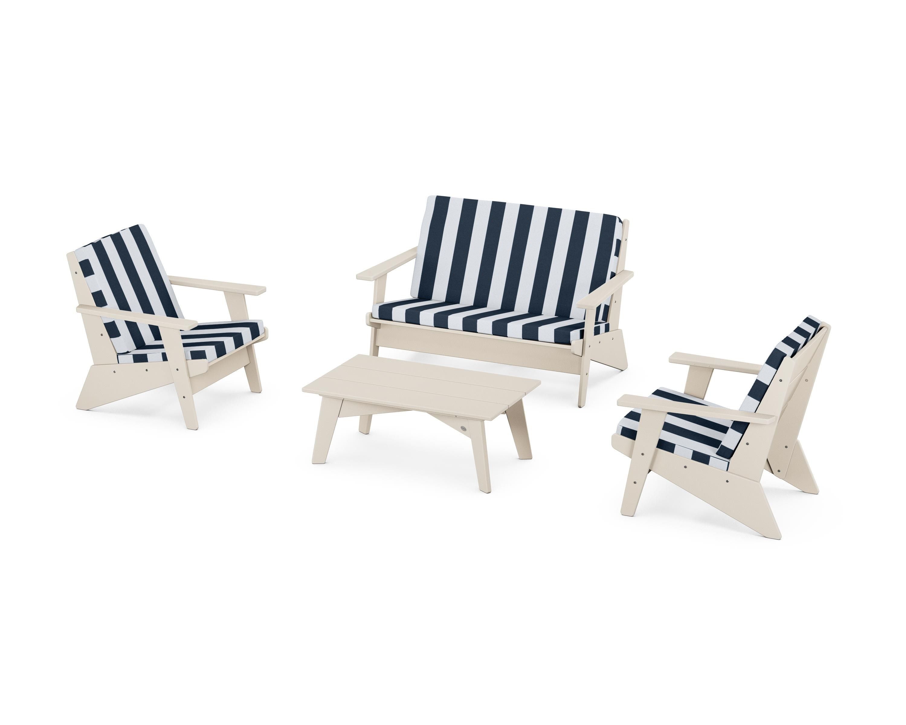 POLYWOOD® Riviera Modern Lounge 4-Piece Set in Sand / Cabana Stripe Marine Indigo