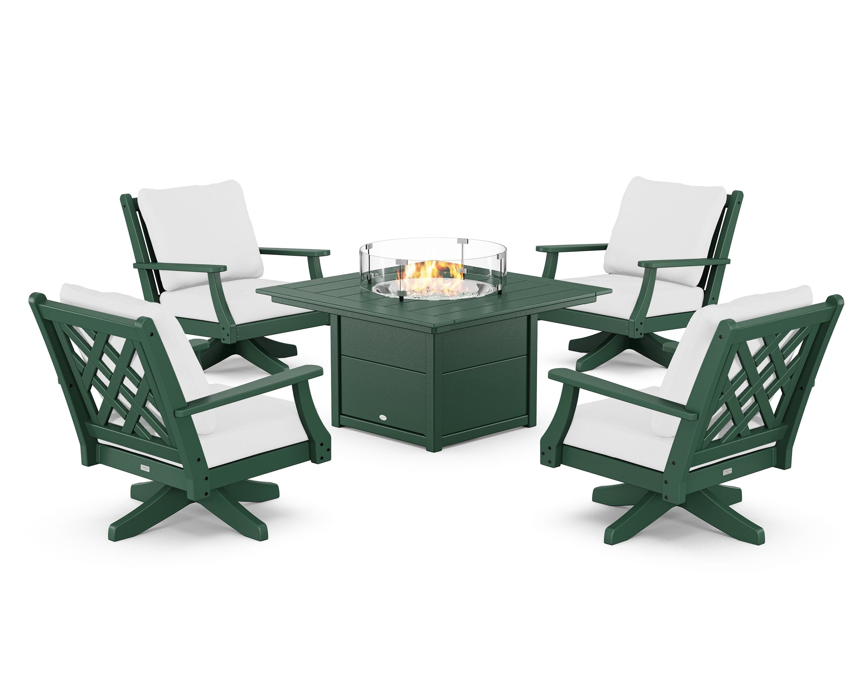 Country Living Wovendale 5-Piece Deep Seating Swivel Conversation Set with Fire Pit Table in Green / Natural