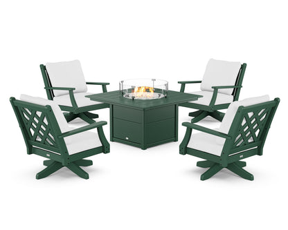 Country Living Wovendale 5-Piece Deep Seating Swivel Conversation Set with Fire Pit Table in Green / Natural