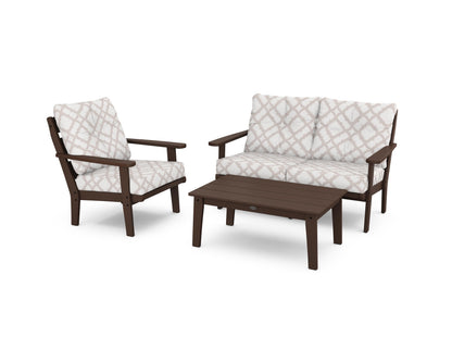 POLYWOOD® Lakeside 3-Piece Deep Seating Set in Mahogany / Trellis Dune Burlap