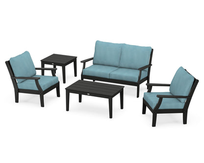 POLYWOOD® Braxton 5-Piece Deep Seating Set in Black / Lattice Sky Blue