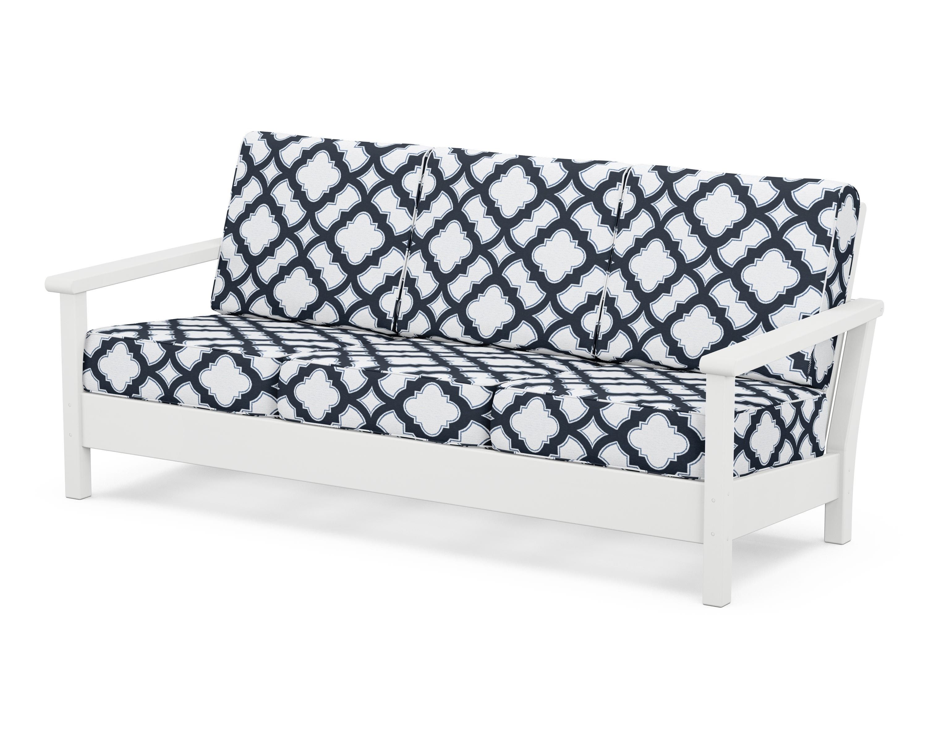 POLYWOOD® Harbour Deep Seating Sofa in White / Trellis Marine Indigo
