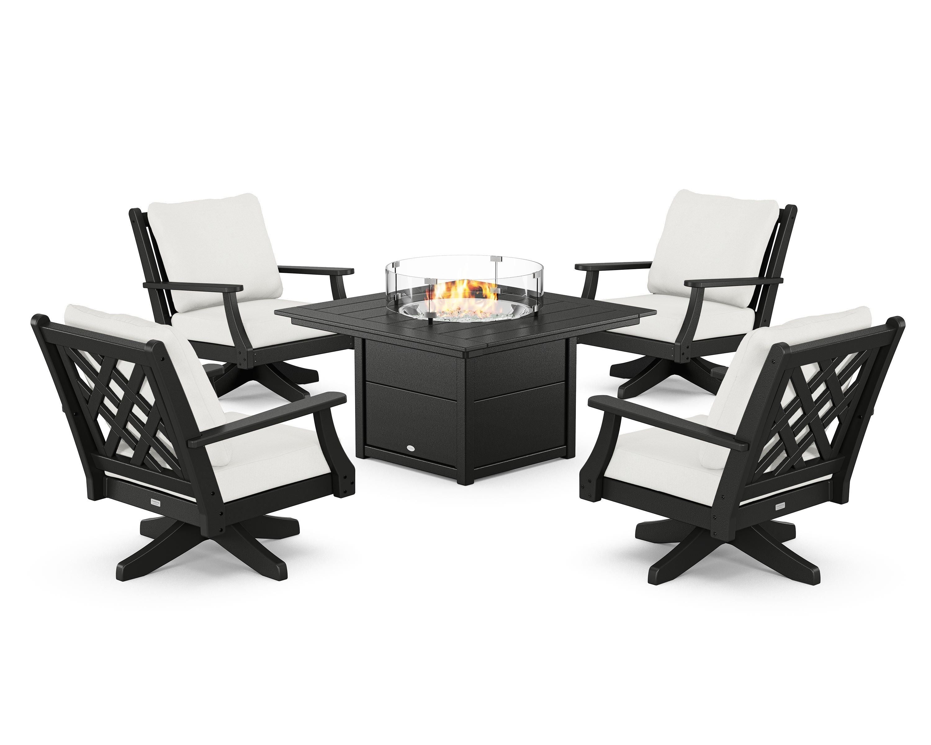 Country Living Wovendale 5-Piece Deep Seating Swivel Conversation Set with Fire Pit Table in Black / Natural Linen