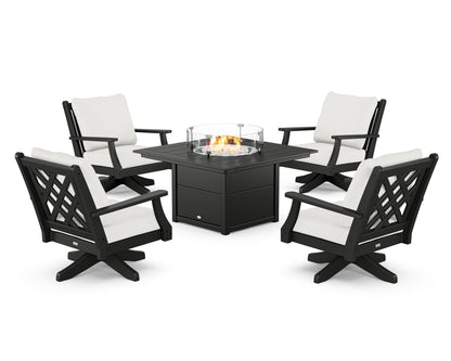 Country Living Wovendale 5-Piece Deep Seating Swivel Conversation Set with Fire Pit Table in Black / Natural Linen