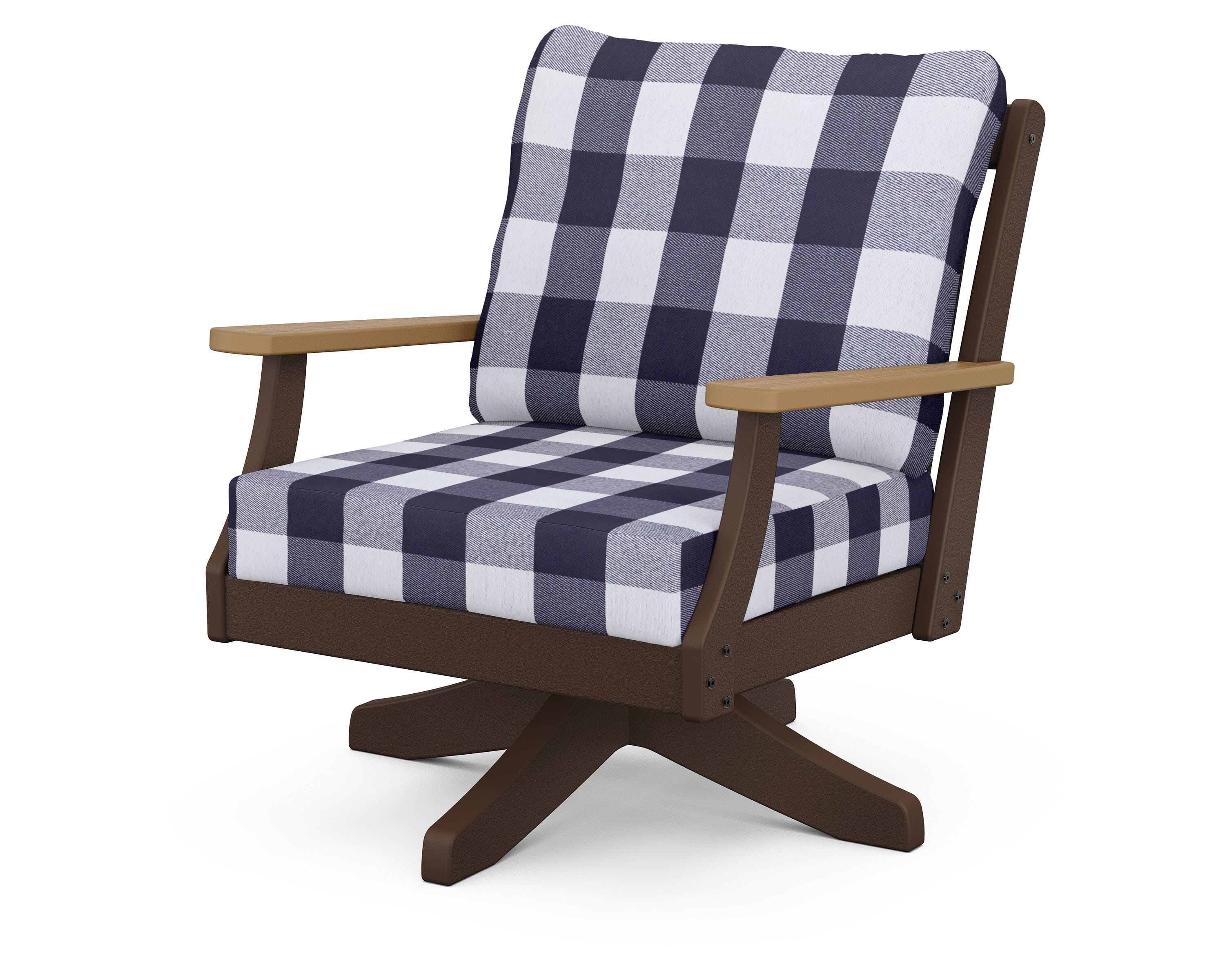 POLYWOOD® Braxton Deep Seating Swivel Chair in Mahogany / Natural / Buffalo Plaid Navy