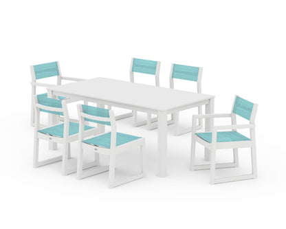 POLYWOOD® EDGE Sling 7-Piece Parsons Dining Set in White / Dupioni Aquamarine Sling