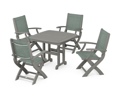 POLYWOOD® Coastal Folding Chair 5-Piece Dining Set in Slate Grey / Dupioni Sea Mist Sling