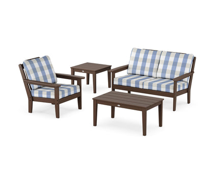 Country Living Wovendale 4-Piece Deep Seating Set in Mahogany / Buffalo Plaid Sky Blue