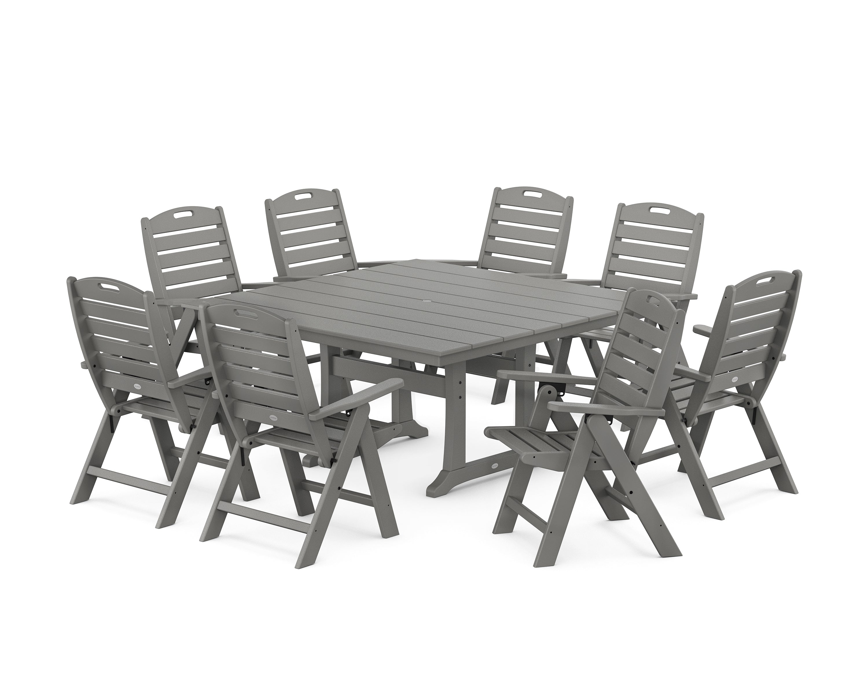 POLYWOOD® Nautical Highback 9-Piece Square Farmhouse Dining Set with Trestle Legs in Slate Grey